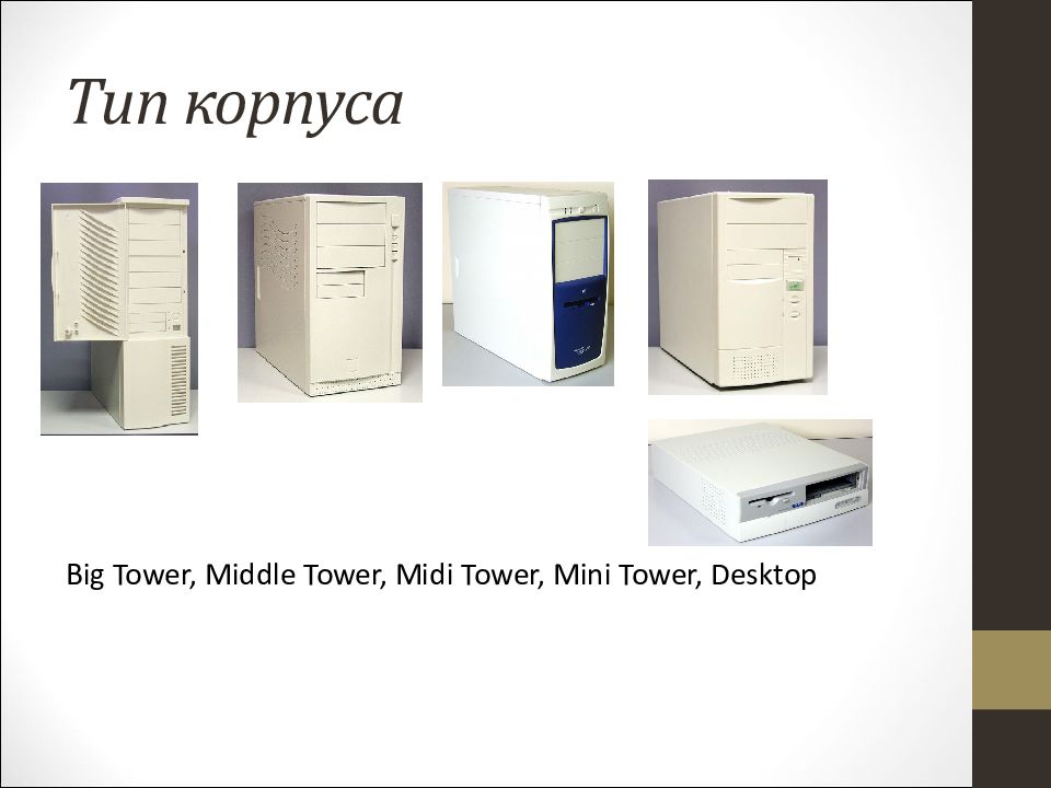 Виды корпусов. Тип корпуса Tower. Тип корпуса Mini-Tower или desktop. Типы корпусов ПК. Стандарты корпусов ПК.