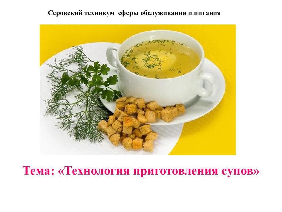 Тема: «Технология приготовления супов» Серовский техникум сферы обслуживания и