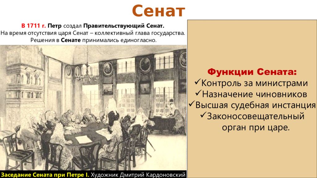 Реформа петра 1 сенат. Сенат 1711 года Петра 1. Учреждение Сената при Петре 1. Заседание Сената при Петре 1.