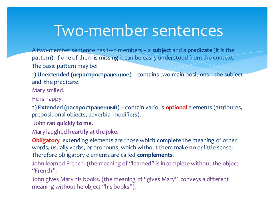 One member sentence. Two member sentence. Extended simple sentences. Two member complete sentences. One member sentence examples.