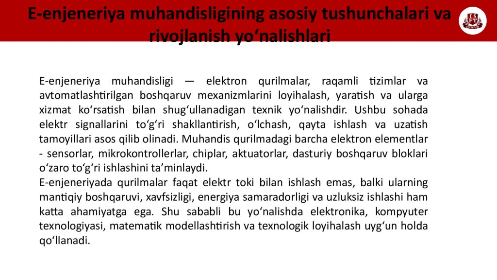 E- enjeneriya muhandisligining asosiy tushunchalari va rivojlanish yo‘nalishlari