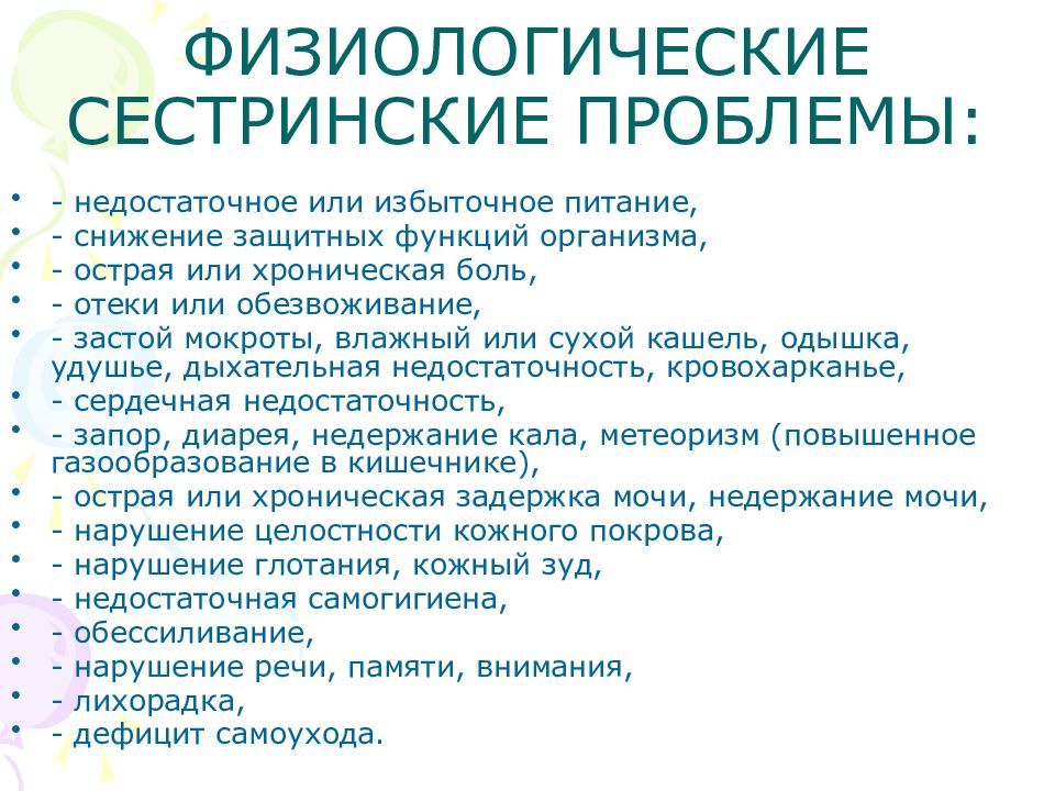 Сестринские проблемы. Физиологические проблемы пациента. Физиологические сестринские проблемы. Сестринские проблемы подразделяются на. Интерпретация сестринских проблем.