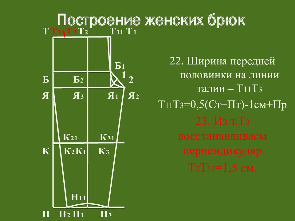 Ширина передней. Построение брюк женских. Построение передней половинки женских брюк. Ширина передней половинки брюк. Ширина талии женских брюк передней половинки.