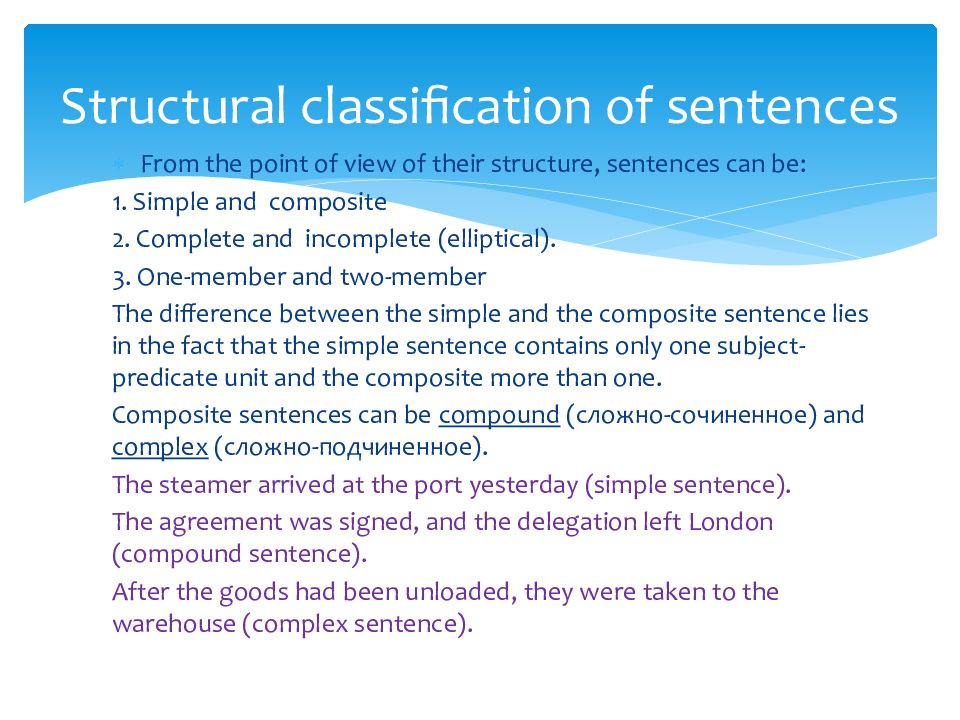 One member sentence. Classification of sentences. Classification of sentences in English. The sentence: Structural classification of sentences. Structural classification.