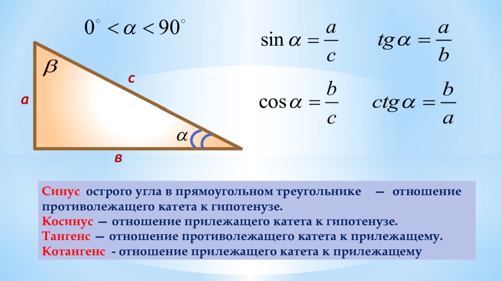 Косинус угла отношение прилежащего катета к гипотенузе