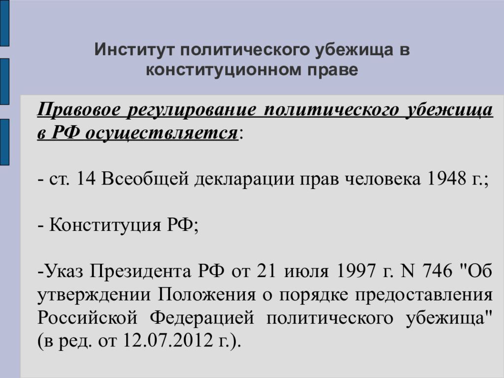 Политическое убежище по конституции. Институт политического убежища. Институт политического убежища в Конституционном праве РФ. Институт политического убежища доклад. Право политического убежища в РФ презентация.