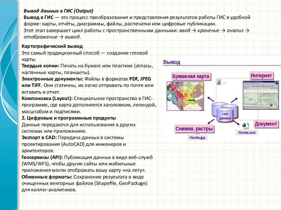 Вывод данных в ГИС ( Output ) Вывод в ГИС — это процесс преобразования и представления результатов работы ГИС в удобной форме: карты, отчёты, диаграммы, файлы,