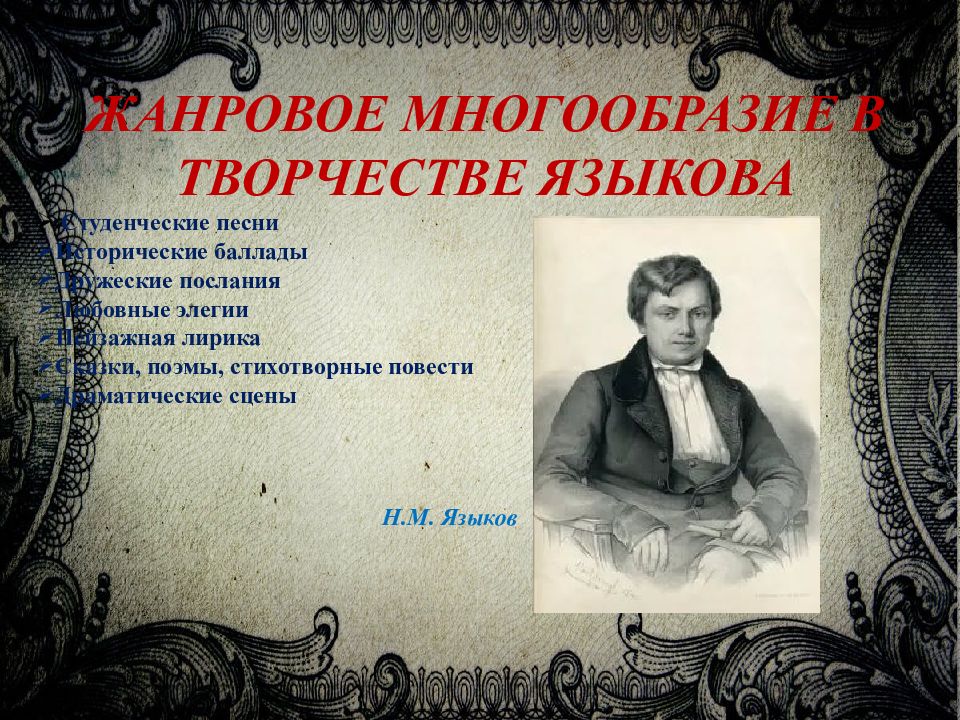 Языков творчество. Никола́й Миха́йлович языков романтическая лирика. Николай Михайлович языков какой вклад внес.