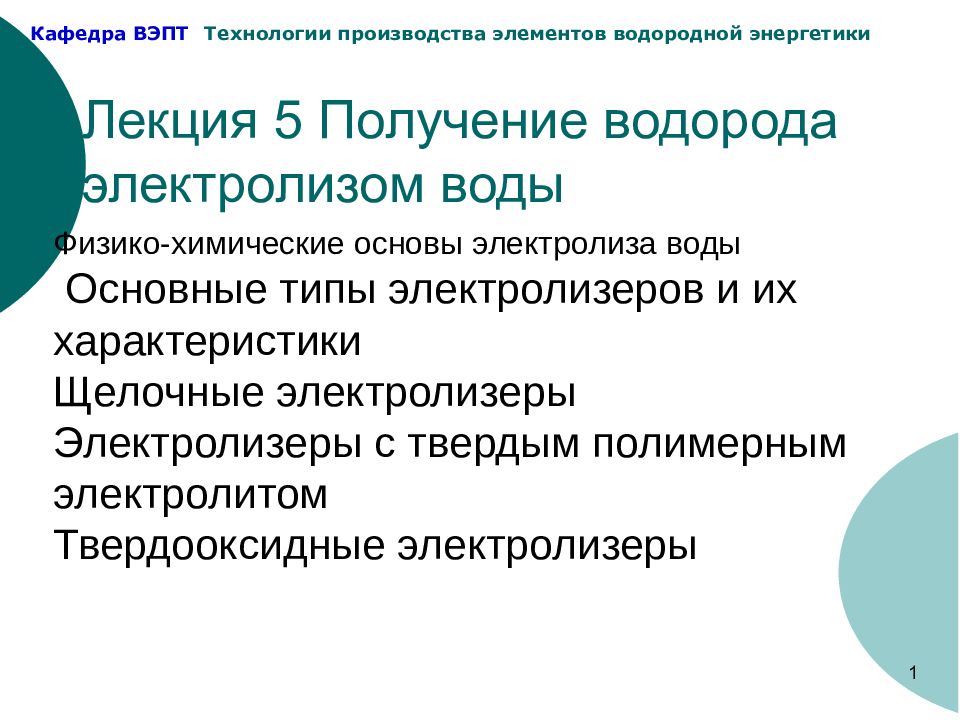 Лекция 5 Получение водорода электролизом воды