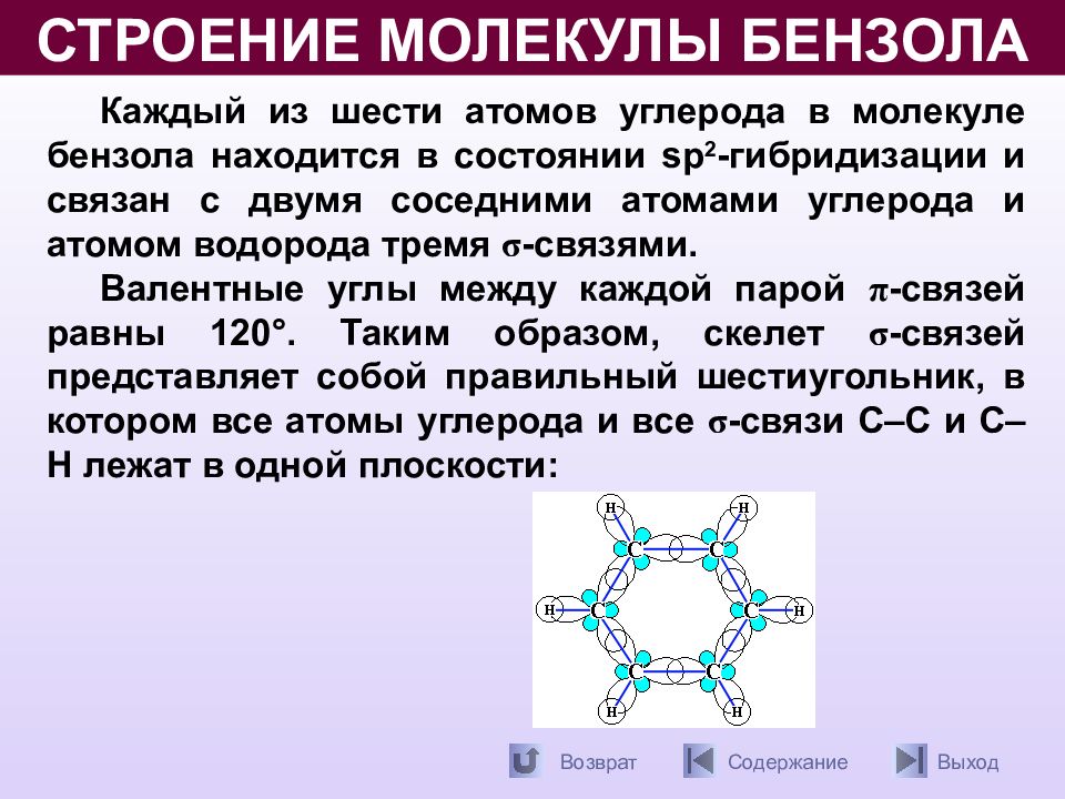 6 молекул углерода. Электронное строение бензольного кольца. Пространственная конфигурация бензола. 2. Строение молекулы бензола. Стронеимолкулы бензола.