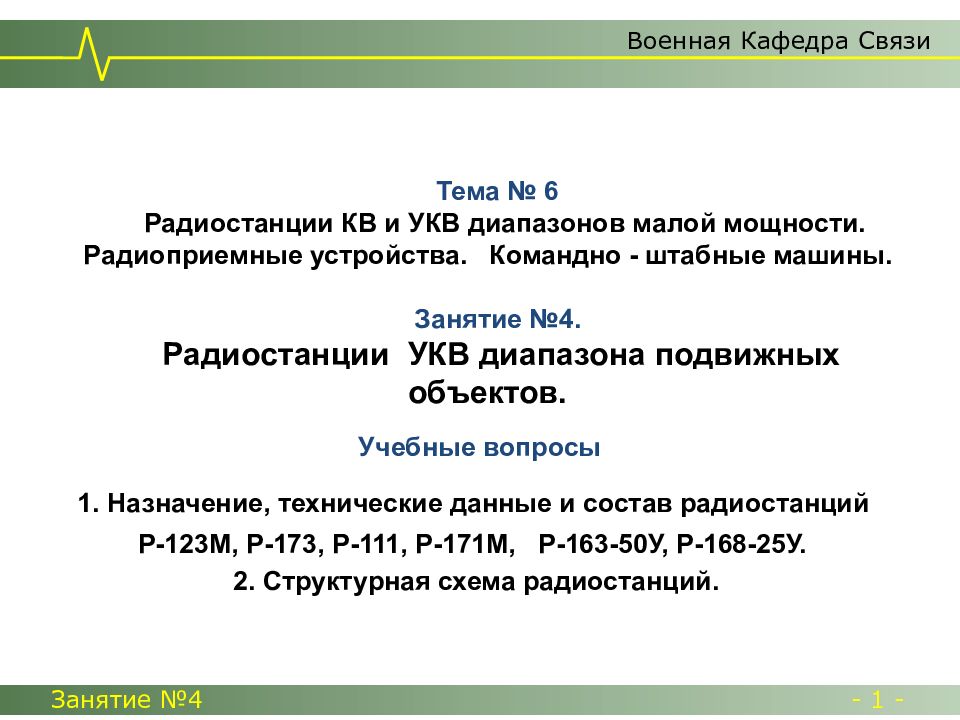 Учебные вопросы 1. Назначение, технические данные и состав радиостанций Р-123М,