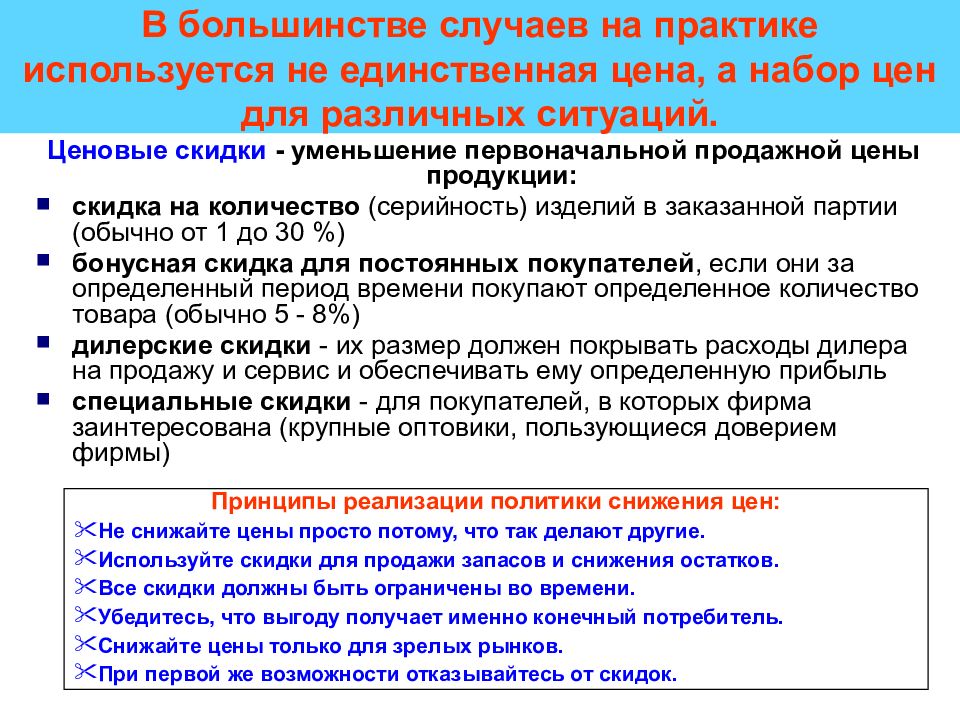 За счет снижения. Принципы реализации политики. Уменьшение первоначальной цены. Продажная цена товара. Как определяется Продажная стоимость продукции.