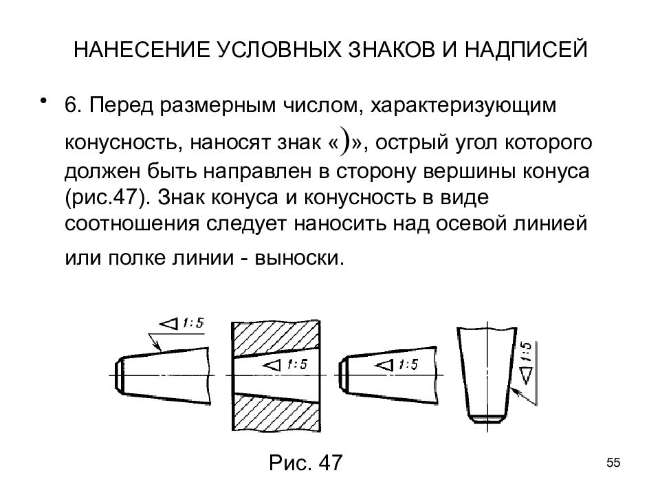 Малые конусности и уклоны на рабочем чертеже детали допускается изображать