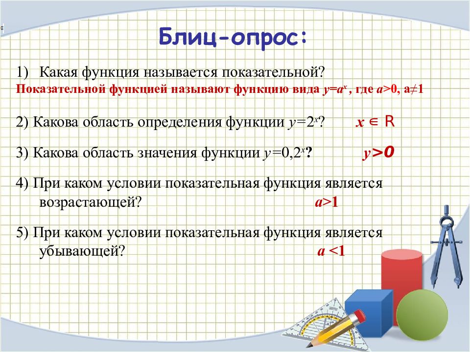 Названы функции. Какая функция называется показательной. Блиц опрос какая функция называется показательной. Какова область определения показательной функции. Показательной функцией называют функцию вида.