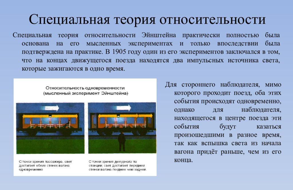 Специальная относительность. Теория относительности примеры. Значение специальной теории относительности. Мысленный эксперимент Эйнштейна поезд. Теория относительности Эйнштейна поезд.