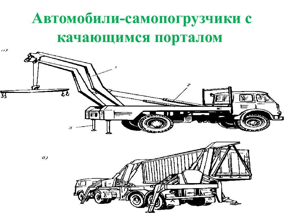 Транспортные машины осуществляют. Автомобили-самопогрузчики с качающимися порталами. ГАЗ 53 самопогрузчик портальный. Самопогрузчики с портальными кранами. Автомобили самопогрузчики классификация.