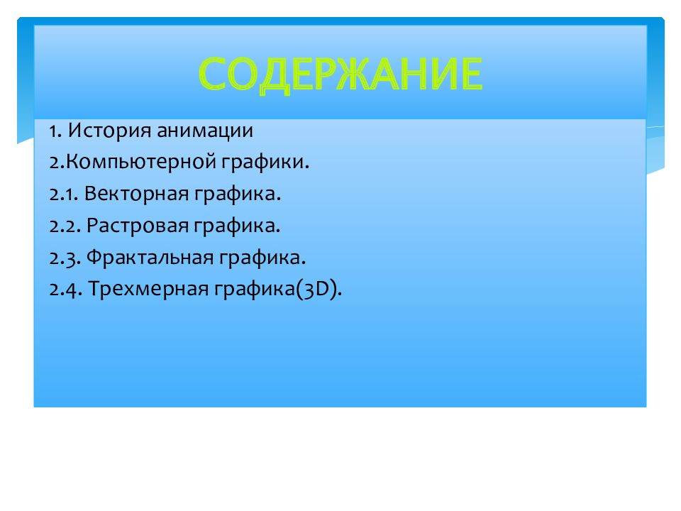 Содержимое темы презентации. Паспорт проекта компьютерная анимация. Слайд-оглавление компьютерная анимация.