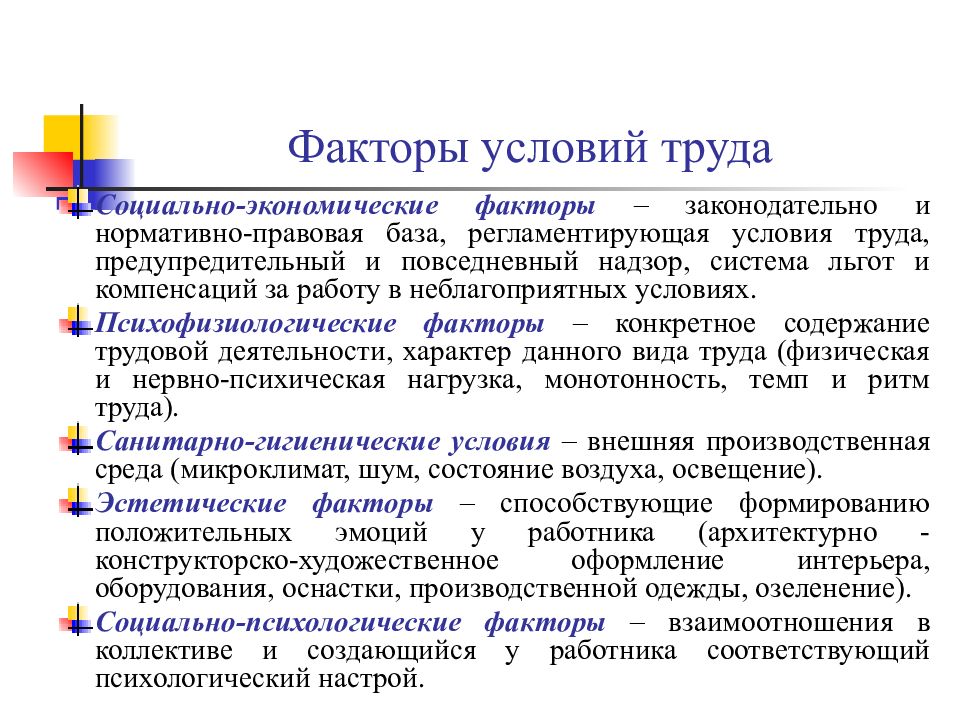 Гигиенические факторы условий труда. Факторы воздействующие на условия труда. Условия труда факторы формирования.. Факторы влияющие на условия труда. Какие факторы определяют условия труда?.