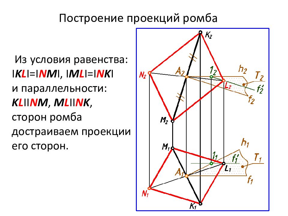 Проекция точки на сторону. Проекция ромба при параллельном проектировании. Начертательная геометрия проекция ромба. Построение ромба в начертательной геометрии. Построение проекций ромба Начертательная геометрия.