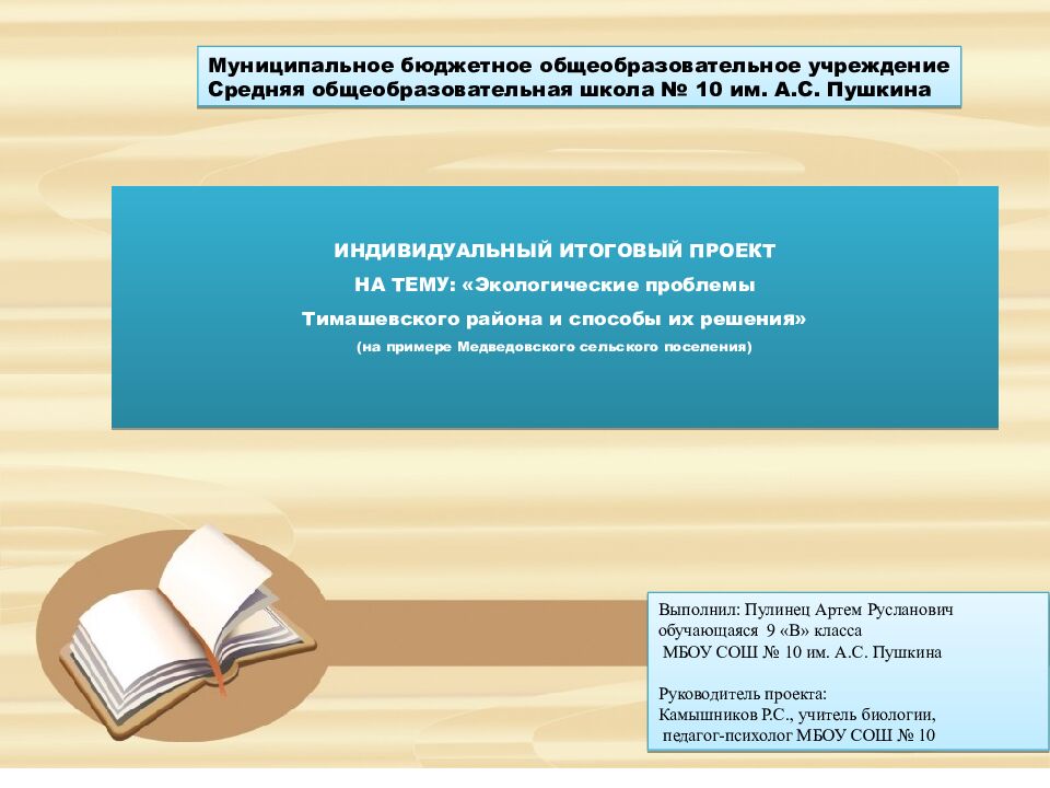 ИНДИВИДУАЛЬНЫЙ ИТОГОВЫЙ ПРОЕКТ НА ТЕМУ: «Экологические проблемы Тимашевского района и способы их решения» (на примере Медведовского сельского поселения)