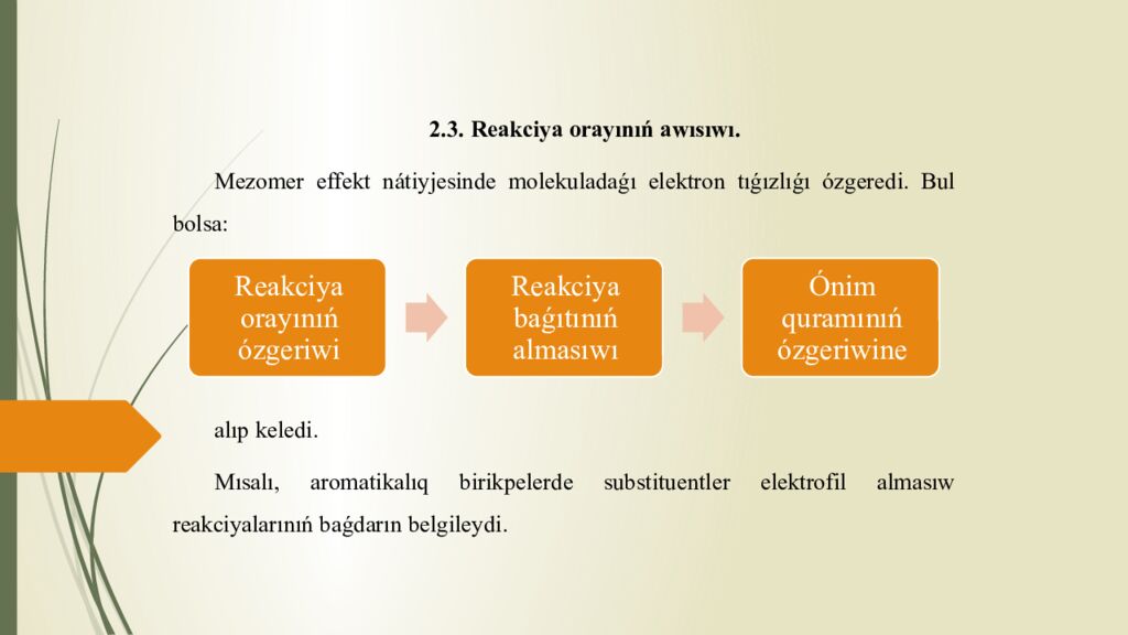 Tema. Partlaw reakciyalarınıń teoriyalıq tiykarları. Mezomeriya sebepli