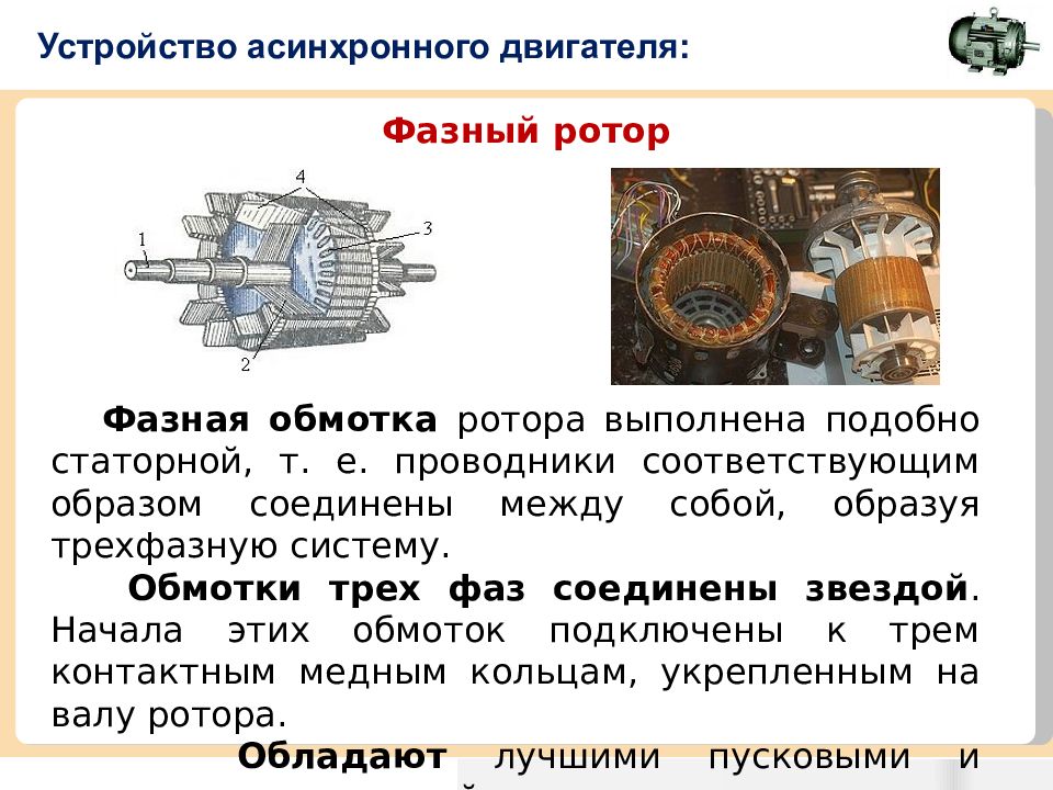 Асинхронный двигатель принцип работы. Принцип действия ротор асинхронного двигателя. Устройство 3х фазного асинхронного двигателя с фазным ротором. Устройство ротора асинхронного двигателя. Обозначение асинхронного двигателя с фазным ротором.