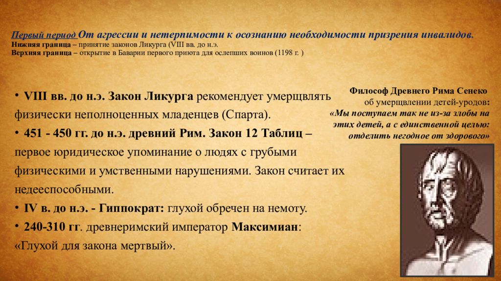 Понимание необходимости. От агрессии и нетерпимости к осознанию необходимости призрения. От агрессии к осознанию необходимости призрения инвалидов. Закон Ликурга к детям инвалидам. Первый период: призрения инвалидов.