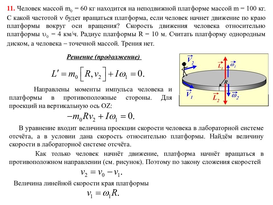 Скорость движения с платформой. Момент инерции человека на диске. Момент импульса человека на вращающейся платформе. Момент импульса диска массой. Вращение человека на краю платформы.