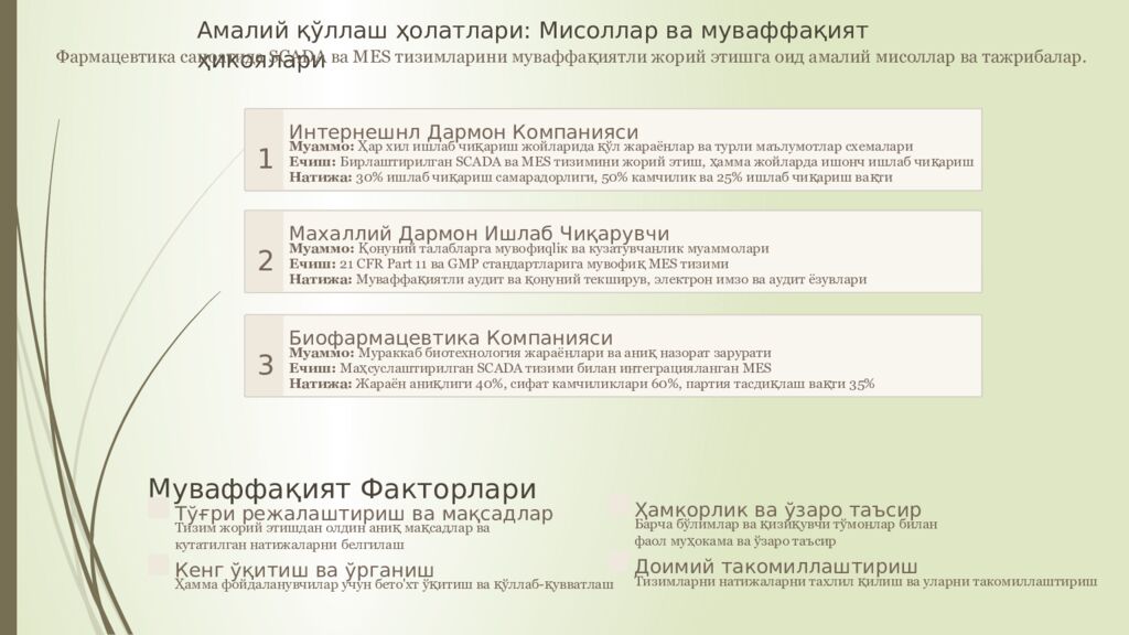 Фармацевтик ишлаб чикаришда автоматлаштирилшан бошкарув тизимлари.(