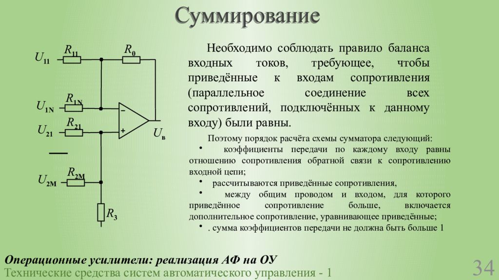 Сумматор мощности. Входные цепи операционного усилителя. Коэффициент передачи сумматора. Сумматор напряжения на резисторах. Резистор обратной связи.