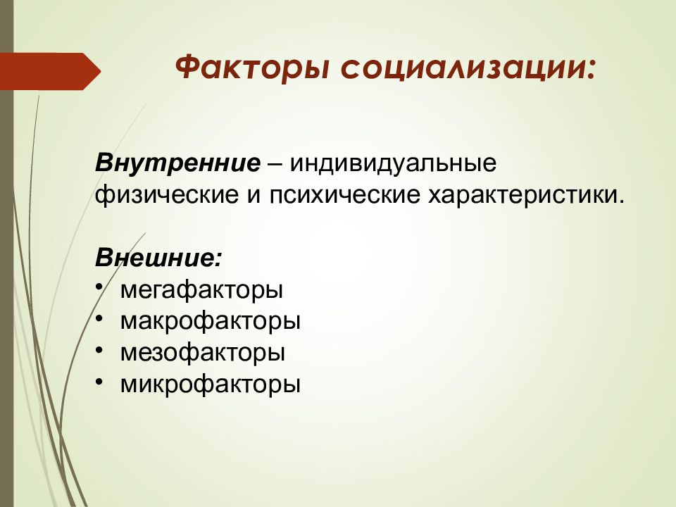 Факторы социализации Мегафакторы. Внешние и внутренние факторы социализации. Закономерности социализации.