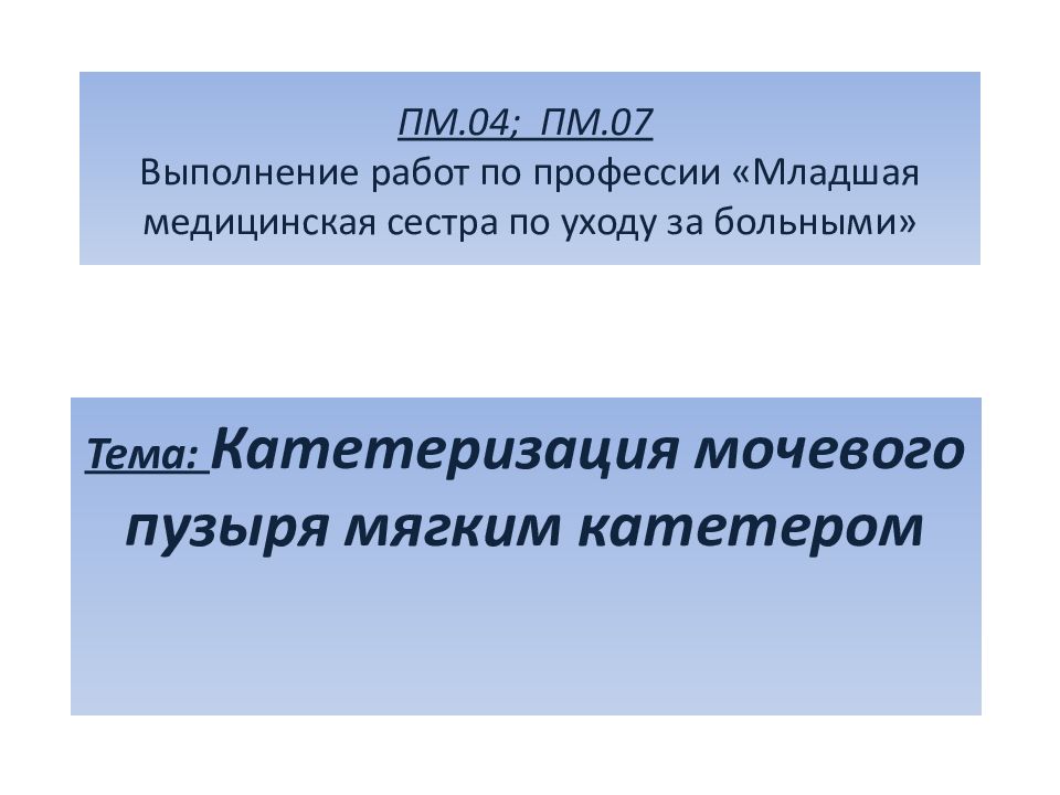 ПМ.04; ПМ.07 Выполнение работ по профессии «Младшая медицинская сестра по уходу за больными»