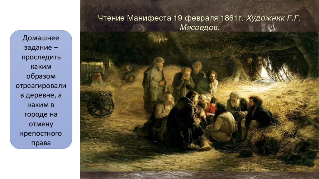 1861. Предыстория крестьянской реформы 1861 года. Реформа деревни 1861. Чтение манифеста в городе 1861. Реакция крестьян на реформу 1861.