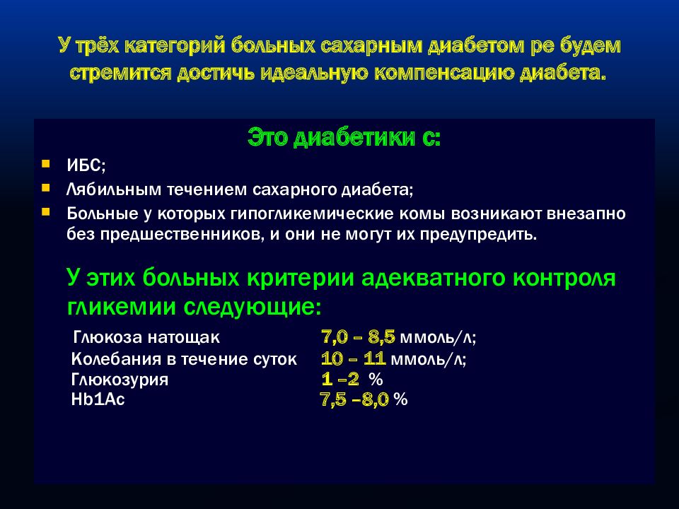 Категории больных. Некомпенсированный сахарный диабет. Неудовлетворительная компенсация диабета что это. Компенсация сахарного диабета по гликированному гемоглобину.