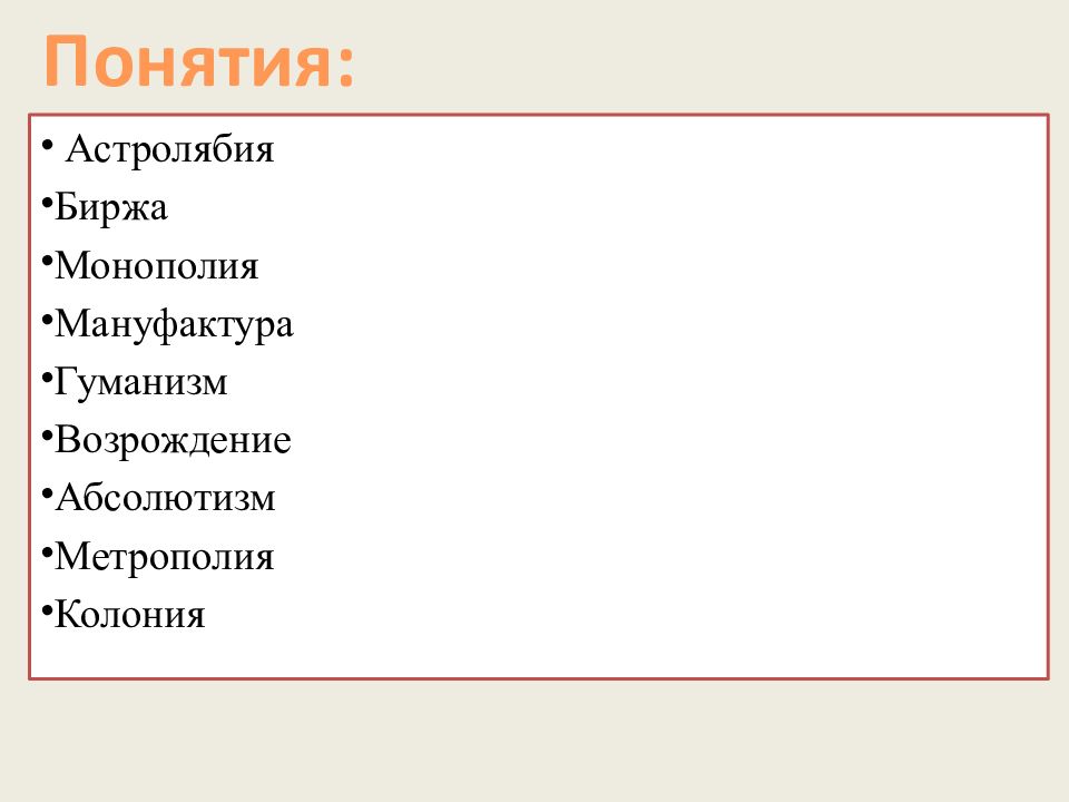 Понятия: Астролябия Биржа Монополия Мануфактура Гуманизм Возрождение Абсолютизм
