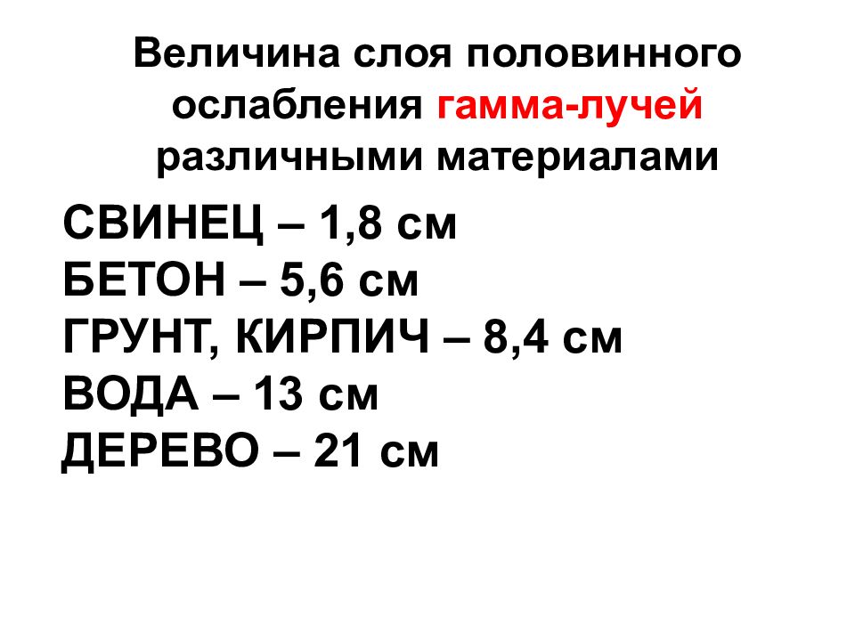 Радиация величина. Половинное ослабление гамма излучения. Слой половинного ослабления гамма-излучения свинца. Величина слоя половинного ослабления. Ослабление гамма излучения разными материалами.