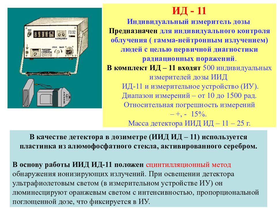 Типы дозиметрических приборов. ИД 11 прибор радиационного контроля. Табельные средства измерения доз облучения. Индивидуальный дозиметр ИД-11.