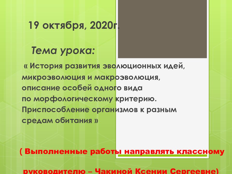 19 октября, 2020г. Тема урока: « История развития эволюционных
