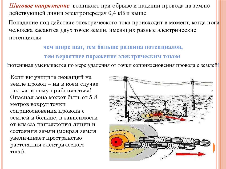 Правила перемещения в зоне шагового напряжения. Действия шагового напряжения. Когда возникает шаговое напряжение. Обрыв провода шаговое напряжение. Шаговое напряжение на судне..