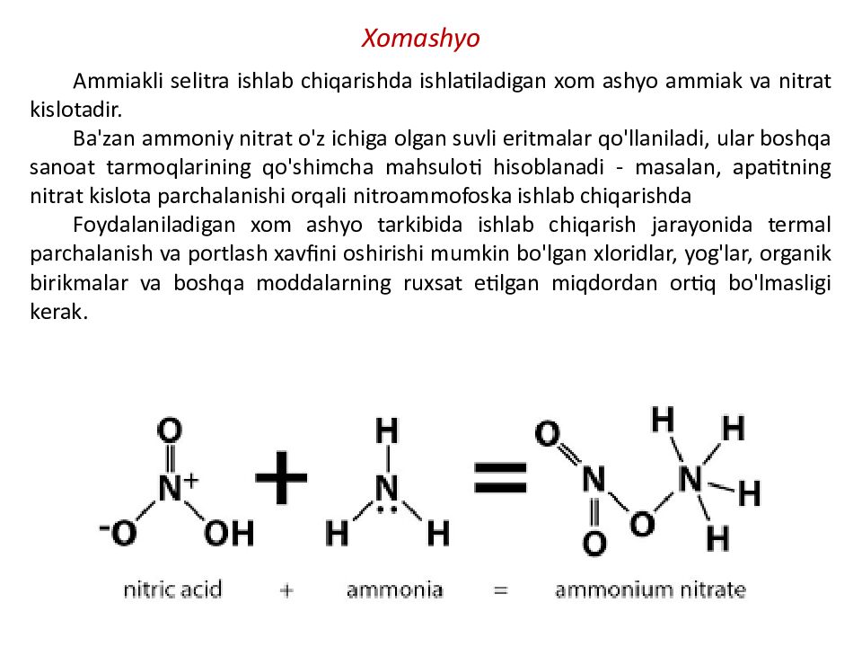 MAVZU: AMMONIY SELITRA OLINISHI XOSSALARI VA AHAMIYATI