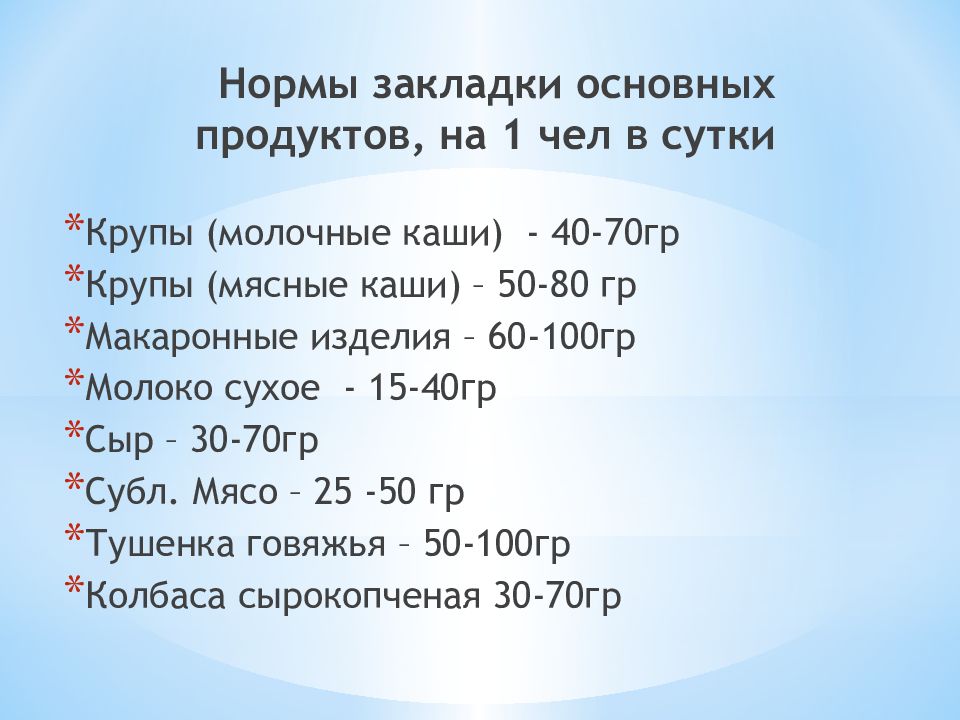 Норма продуктов в сутки. Нормы закладки продуктов. Нормы закладки основных продуктов. Норма закладки. Нормы закладки основных продуктов на 1 человека в сутки.