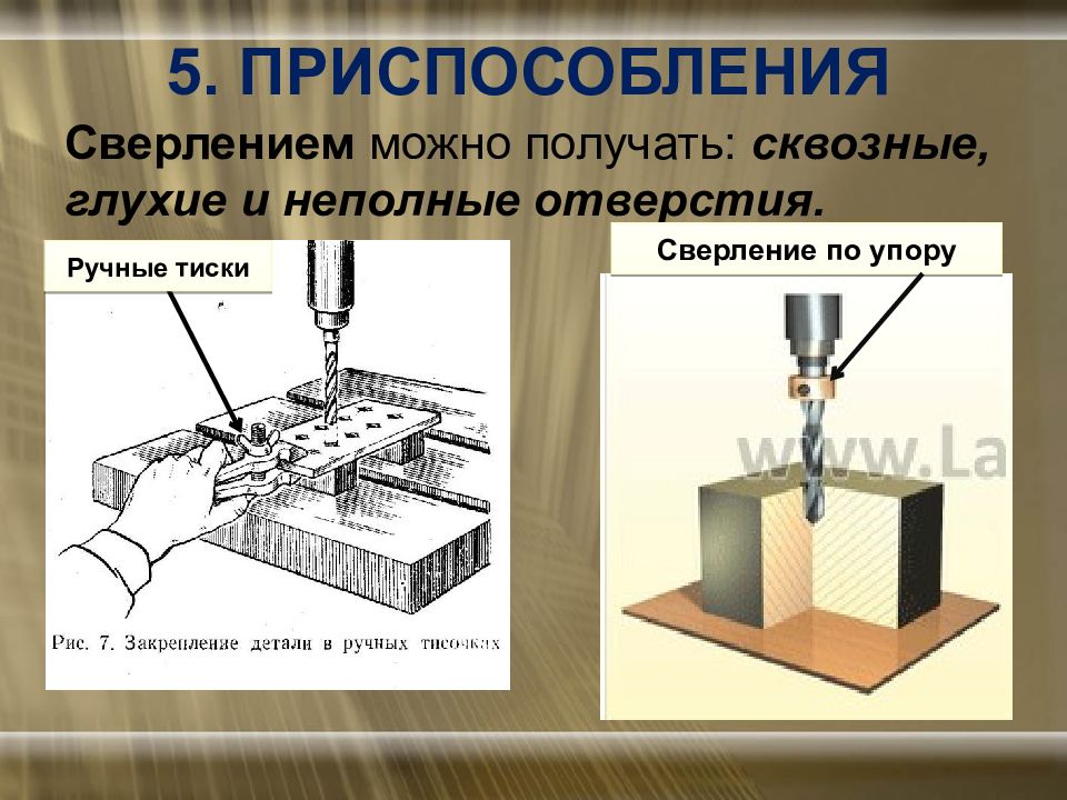 Презентация сверление металла. Сверление глухого отверстия. Приемы сверления отверстий. Приспособления для сверления металла. Сверление сквозных и глухих отверстий.