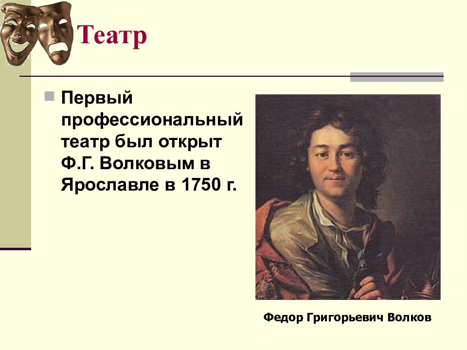 Ф г. Театр 1750 Федор Волков. Ф Г Волков что сделал. Волков Федор Григорьевич презентация. Ф Г Волков краткая биография.