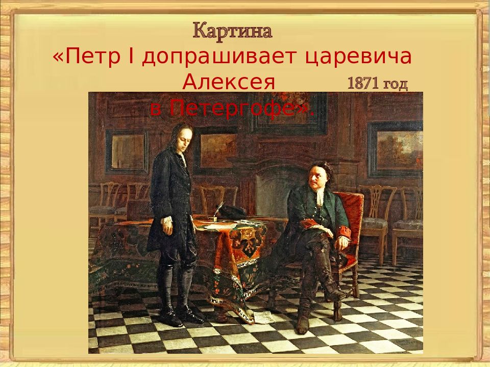 Описание картины петр 1 допрашивает царевича алексея петровича в петергофе