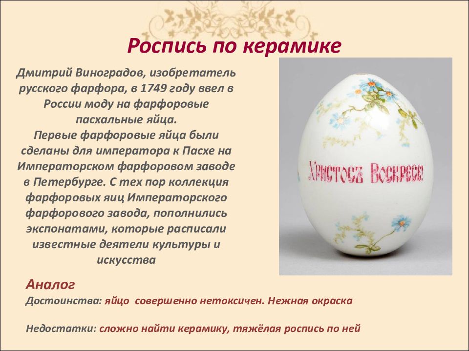 Что символизирует яйцо. Дмитрий виноградов изобретатель русского фарфора. фарфоровое пасхальное яйцо создано к пасхе 1749 году виноградовым.