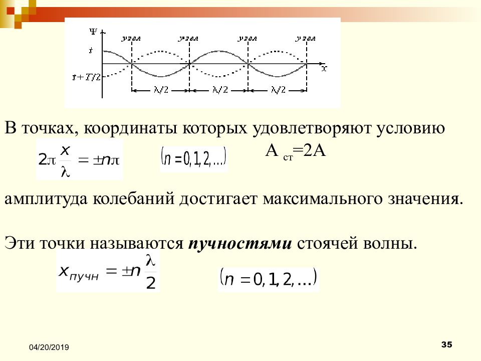 Максимальная амплитуда колебаний. Координаты узлов и пучностей стоячей волны. Расстояние между пучностями стоячей волны.