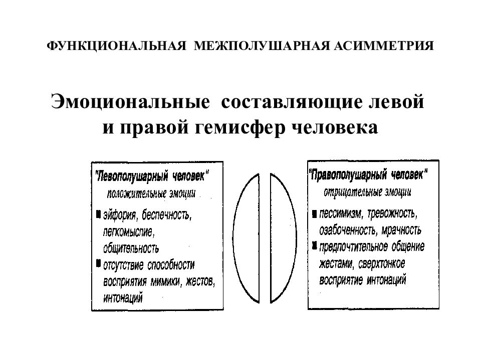 Функциональная асимметрия. Межполушарная асимметрия и психическая деятельность. 24) Функциональная межполушарная асимметрия мозга. Межполушарная асимметрия и взаимодействие полушарий. Функциональная асимметрия и эмоции.