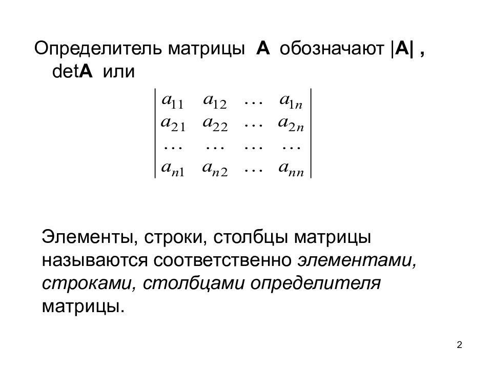 Значения определителей матрицы