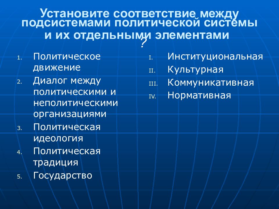 Политическая система политическая сфера. Установите соответствие между компонентами политической системы. Установите соответствие между подсистемами политических. Установите соответствие между элементами политической системы. Между компонентами политической системы.