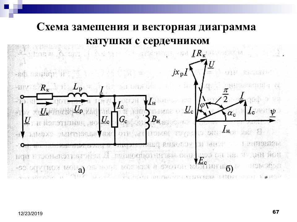 Схема векторной диаграммы. Катушка со стальным сердечником в цепи переменного тока. Схема замещения катушки со стальным сердечником. Векторная диаграмма катушки с ферромагнитным сердечником. Схема замещения трехфазной цепи.